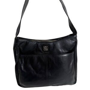 RLL Lauren Ralph Lauren Simple Black Leather Shoulder Bag w/ Logo Accent